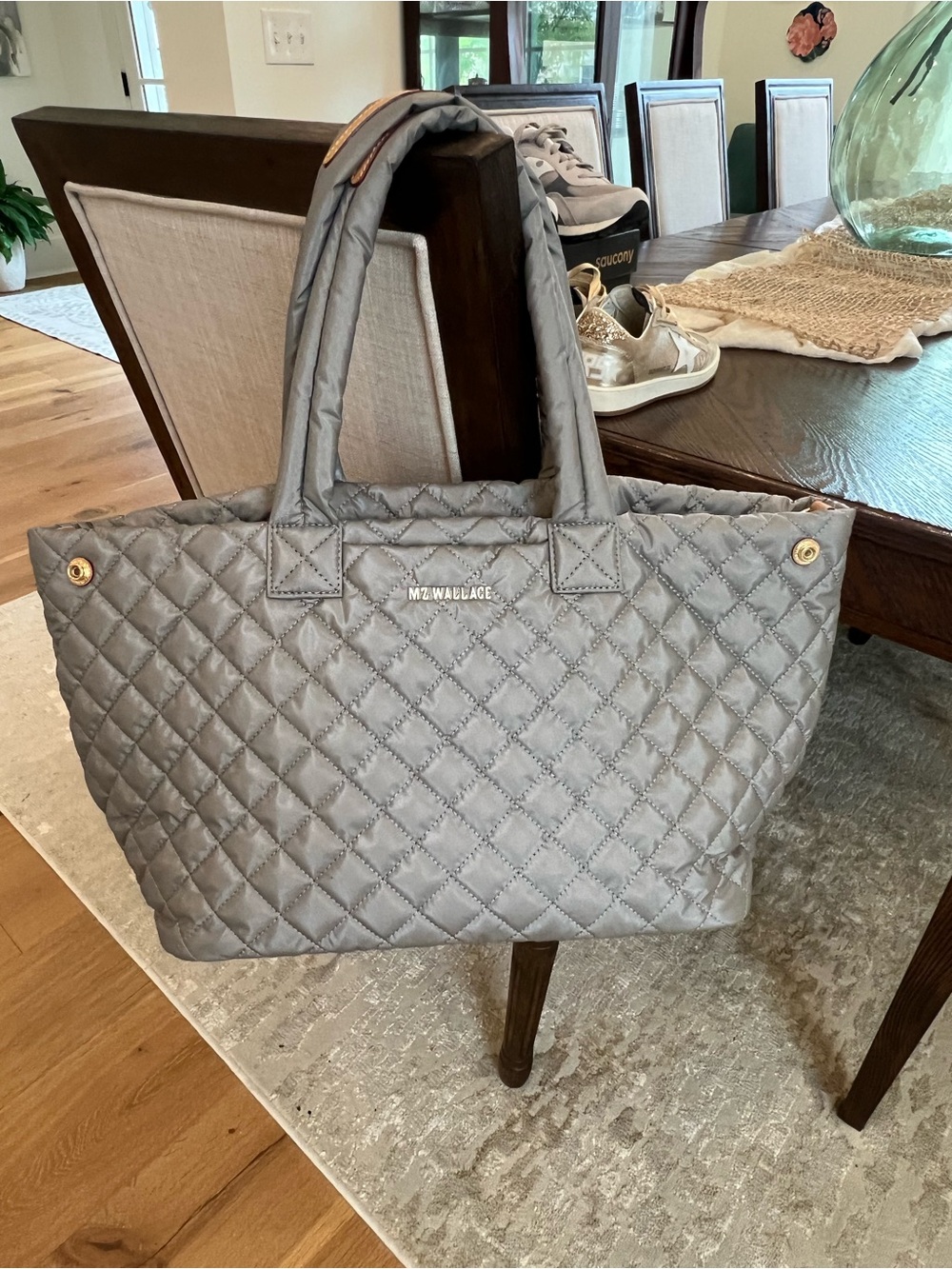 MZ Wallace Light Gray Quilted Tote with Gold Accents - Picture 2 of 6